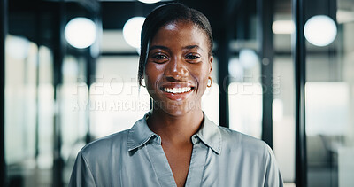 Buy stock photo Smile, black woman and portrait with analyst for company development, finance or revenue service. Happy, business person or accountant with confidence for about us, pride and career growth in office