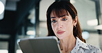Corporate, woman and lawyer with tablet in office for research, court case and legal evidence. Mature attorney, review and digital for witness testimony, business lawsuit and confidential information