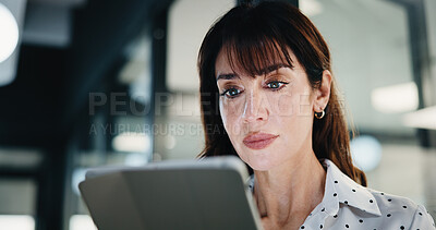 Buy stock photo Night, woman and lawyer with tablet in office for research, court case and legal evidence. Overtime, mature attorney and digital for witness testimony, business lawsuit and confidential information