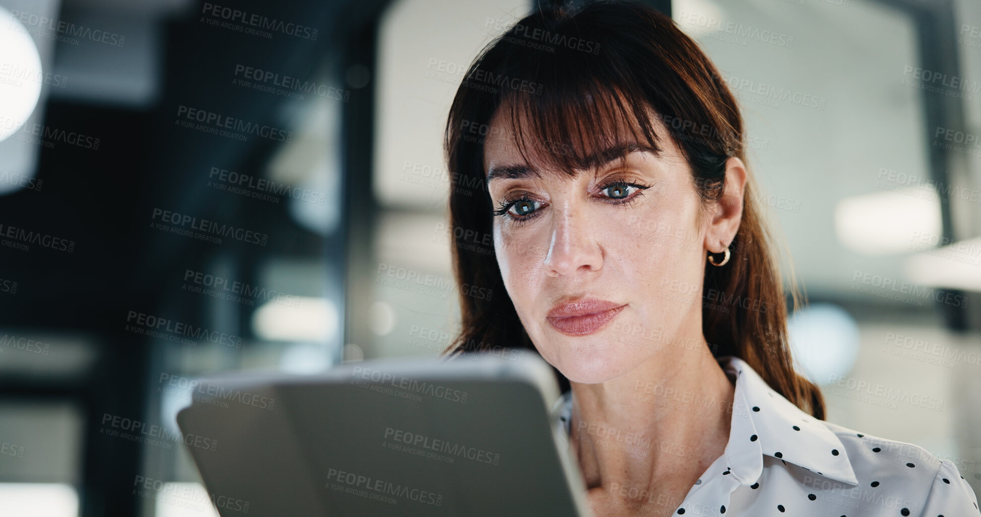 Buy stock photo Night, woman and lawyer with tablet in office for research, court case and legal evidence. Overtime, mature attorney and digital for witness testimony, business lawsuit and confidential information