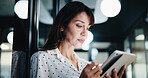 Writing, woman and tablet in office for company report, finance or revenue service. Mature, business person or accountant with digital tech for project management, investor contact and research