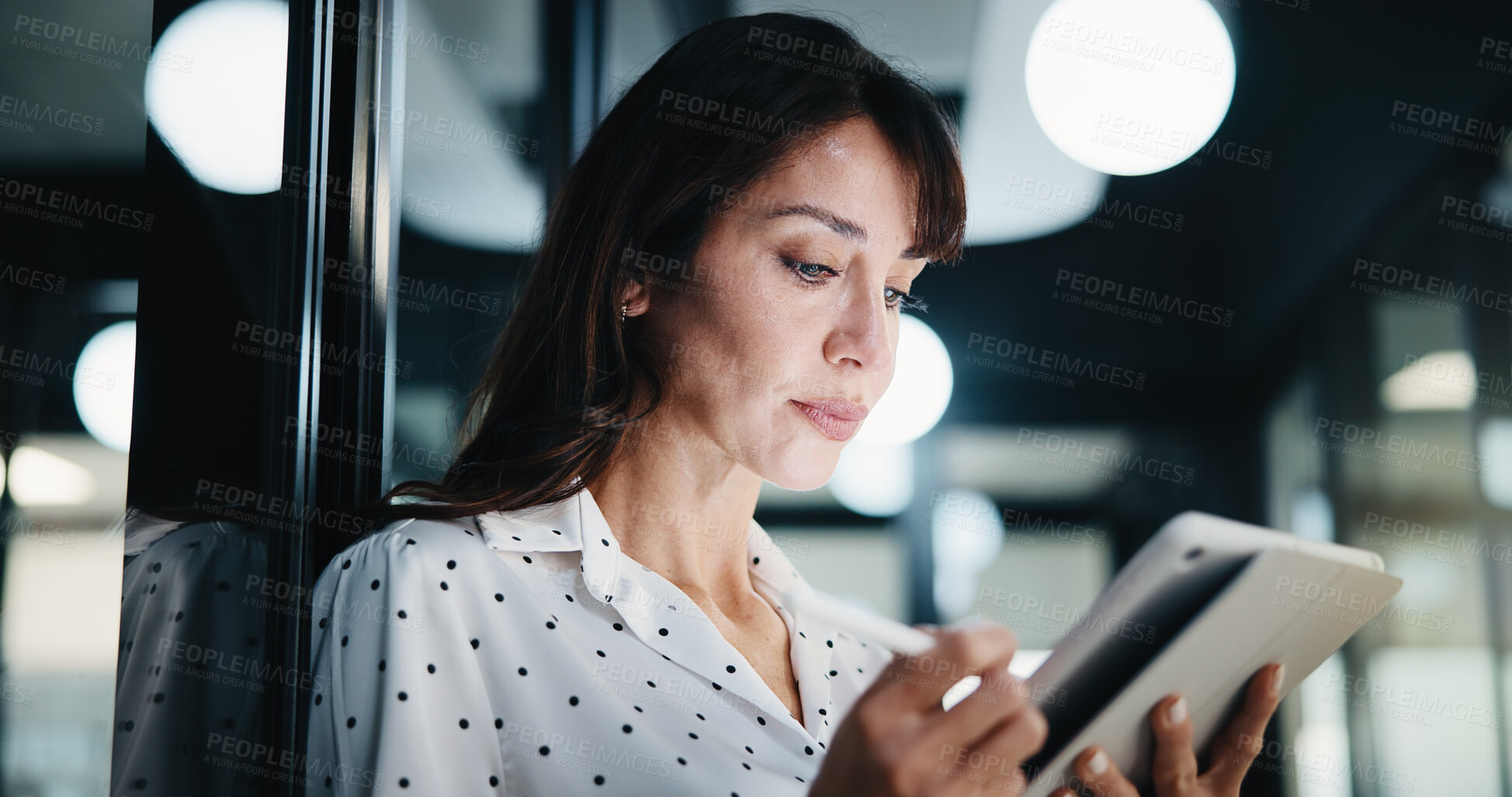 Buy stock photo Writing, woman and tablet in office for company report, finance or revenue service. Stylus, mature person or accountant with digital tech for project management, investor contact or business research