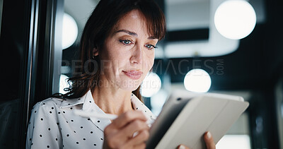 Buy stock photo Writing, woman and tablet in office for financial report, company or revenue service. Mature, business person or accountant with digital tech for project management, investor contact and research