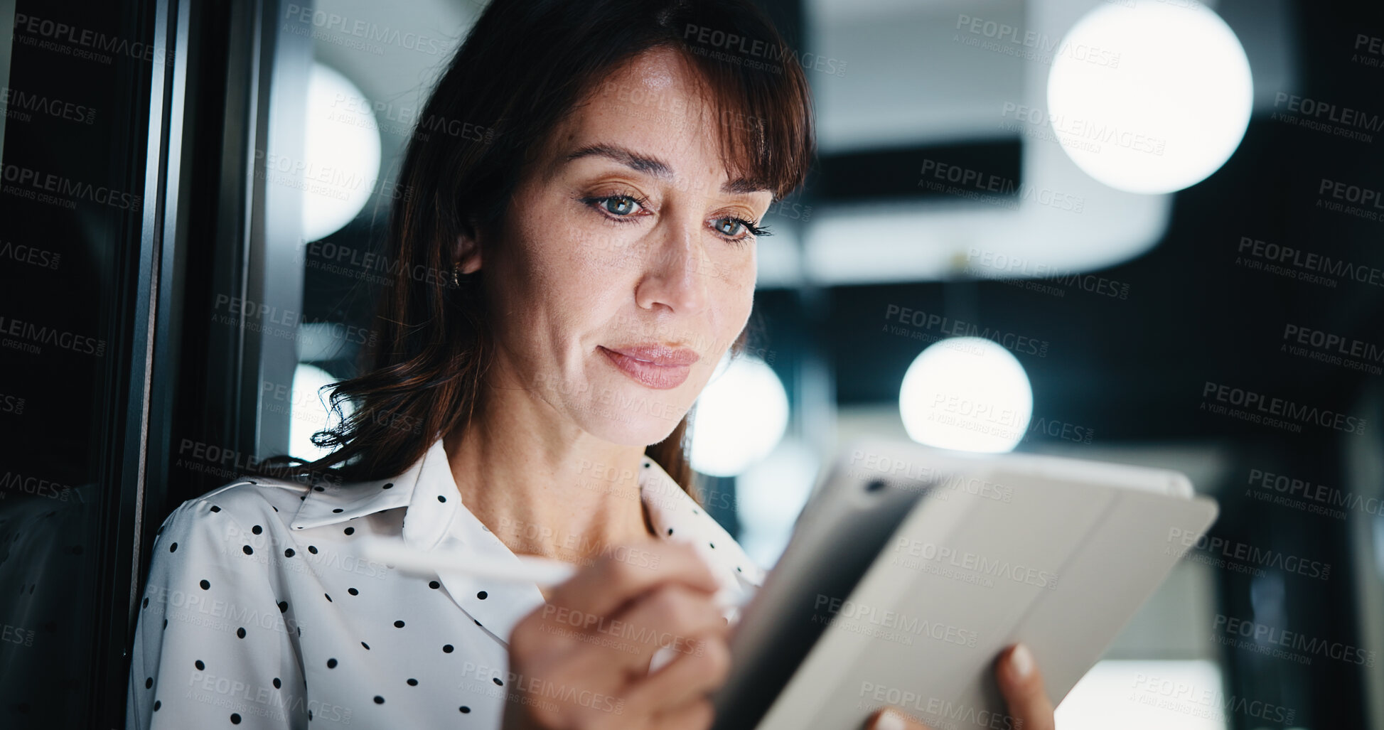 Buy stock photo Writing, woman and tablet in office for financial report, company or revenue service. Mature, business person or accountant with digital tech for project management, investor contact and research