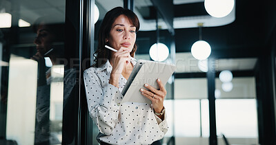 Buy stock photo Woman, tablet and stylus with review at office for checklist, insight and solution at finance agency. Person, broker or advisor with tech, app and asset management with notes at investment company