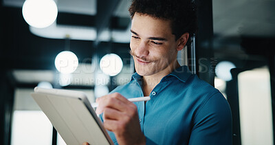 Buy stock photo Business, man and writing with tablet in office for research, court case and review evidence. Bokeh, male attorney and stylus for witness testimony, corporate signature and confidential information