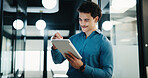 Man, lawyer and writing with tablet in office for research, court case and review evidence. Male attorney, stylus and digital with witness testimony, corporate signature and confidential information