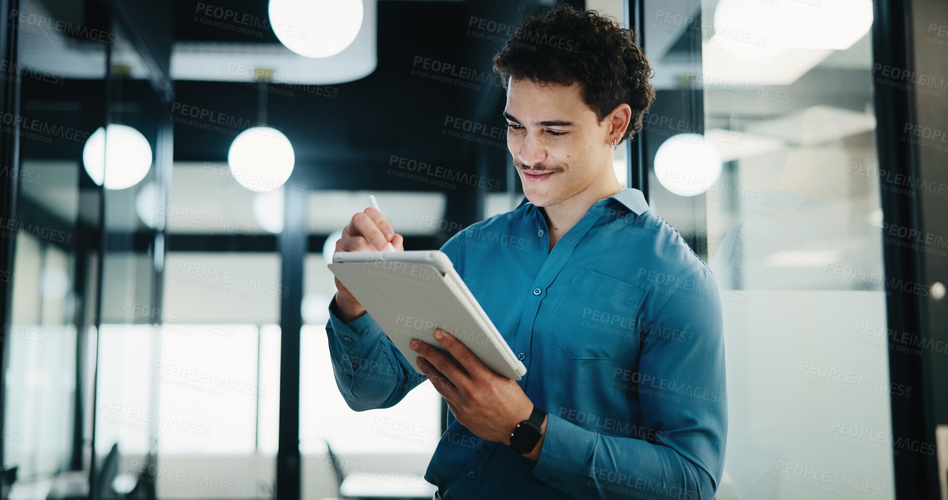 Buy stock photo Man, lawyer and writing with tablet in office for research, court case and review evidence. Male attorney, stylus and digital with witness testimony, corporate signature and confidential information