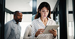 Reading, woman and tablet in office for finance report, company or revenue service. Mature, business person or accountant with digital tech for project management, investor contact and research