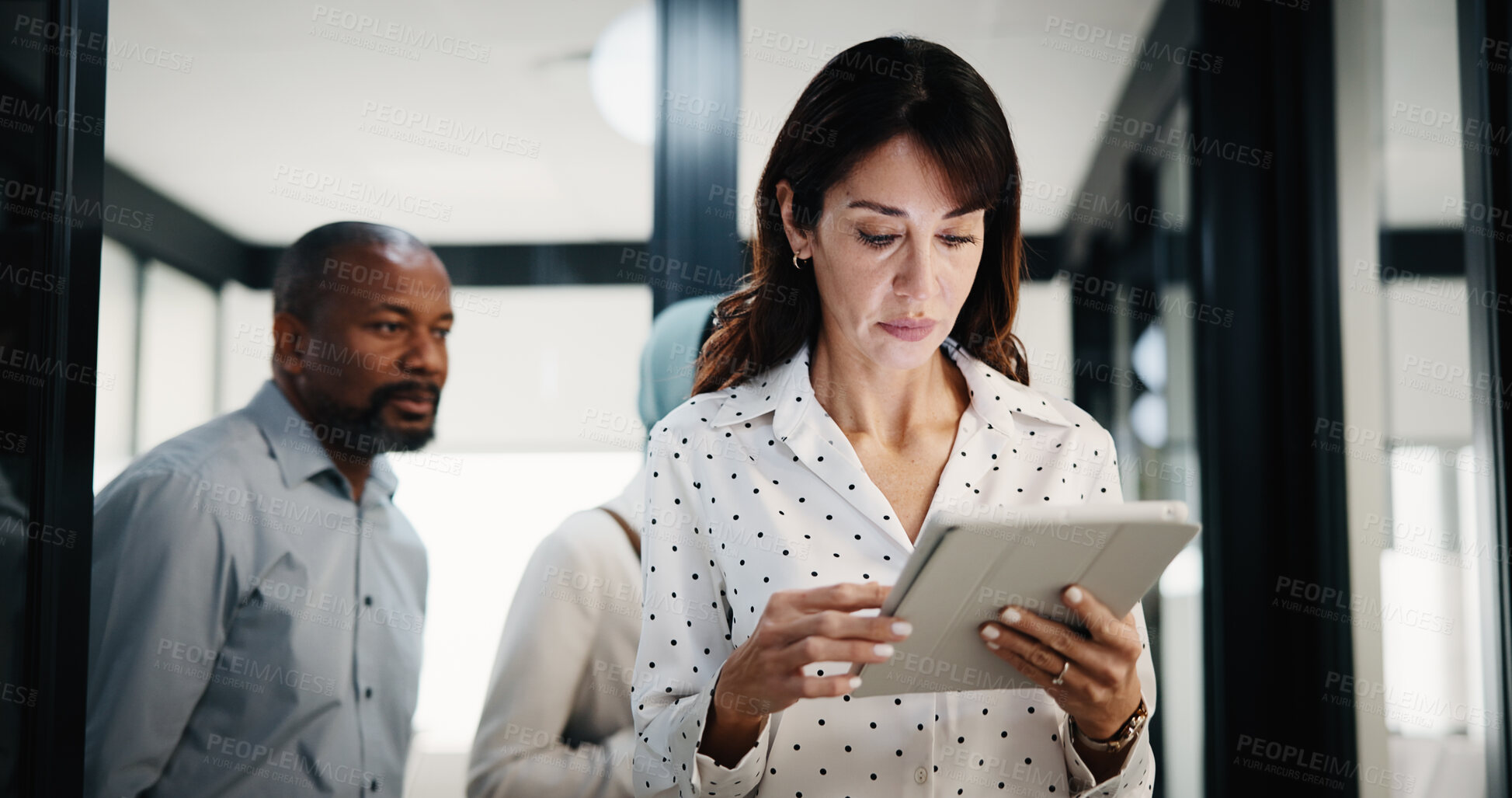 Buy stock photo Reading, woman and tablet in office for finance report, company or revenue service. Mature, business person or accountant with digital tech for project management, investor contact and research