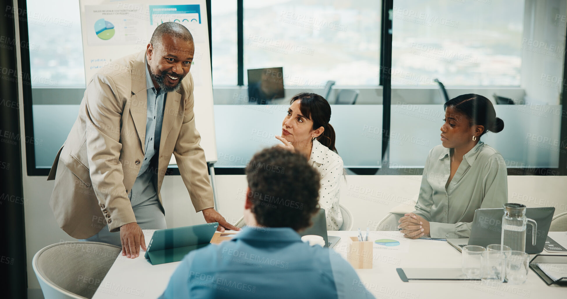 Buy stock photo Meeting, discussion and tablet in office with business people for finance, report or revenue service. Team, smile and accounting agency with digital tech for project management and presentation