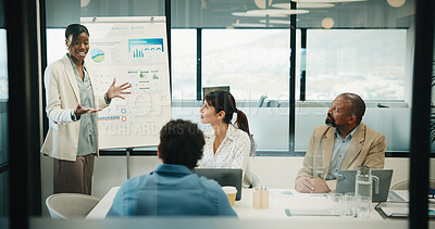 Buy stock photo Business, woman and presentation with people in office for discussion, feedback and finance stats. Speaker, talk and coaching team for accounting, financial graphs and information for kpi performance