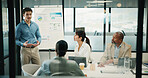 Business, man and presentation with charts in office for discussion, feedback and finance stats. Speaker, talking and coaching team for accounting, financial graphs and information on kpi performance