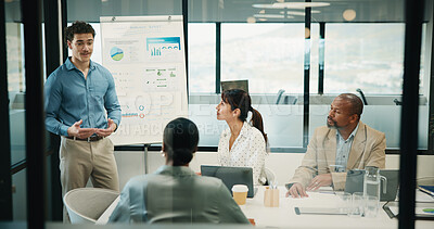 Buy stock photo Business, man and presentation with charts in office for discussion, feedback and finance stats. Speaker, talking and coaching team for accounting, financial graphs and information on kpi performance