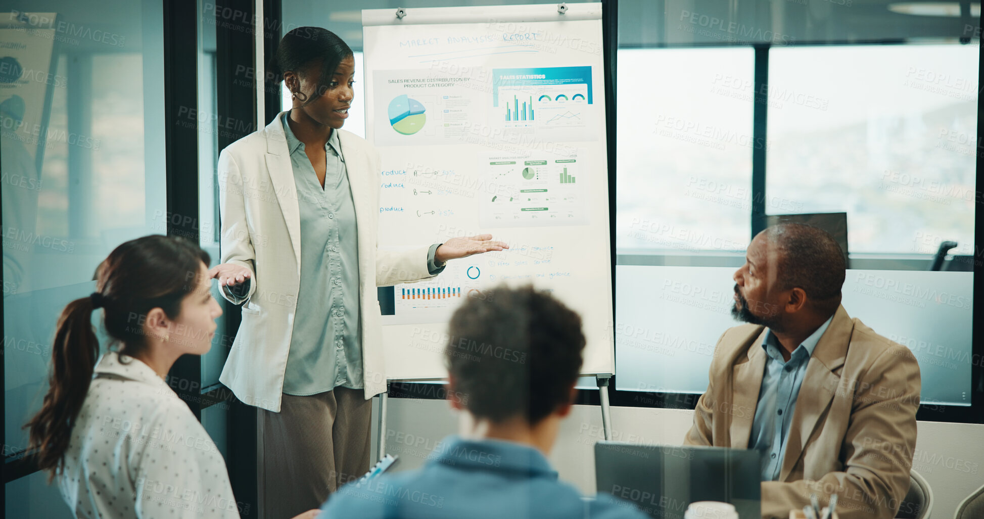 Buy stock photo Meeting, business and woman with presentation for data analytics, proposal or report for strategy. Whiteboard, presenter and team discussion for insights, statistics or review of growth in office