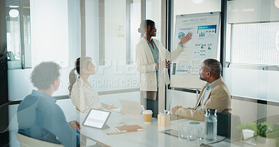 Buy stock photo Business, woman and presentation with graphs in office for discussion, feedback and finance stats. Speaker, talk and coaching team for accounting, financial charts and information for kpi performance