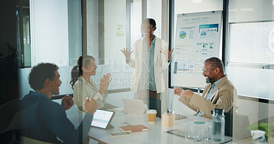 Buy stock photo Presentation, celebration and business people at work for success, market analysis or sales target. Excited, team and financial achievement in glass office, revenue growth and performance graphs