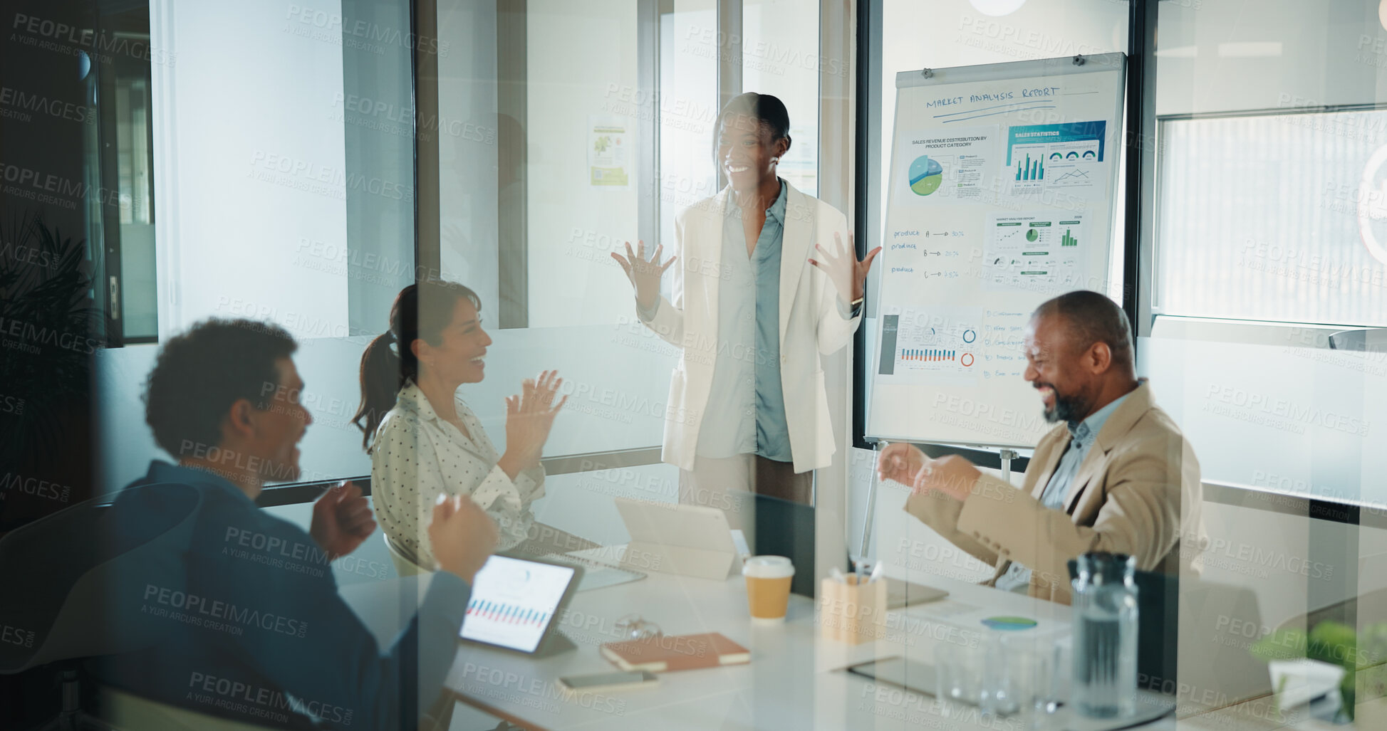 Buy stock photo Presentation, celebration and business people at work for success, market analysis or sales target. Excited, team and financial achievement in glass office, revenue growth and performance graphs