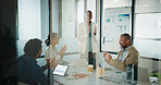 Woman, applause and business success in meeting with graphs, statistics and tech. Leader, happy and market analysis report with people in glass office, celebration and teamwork with stats for win