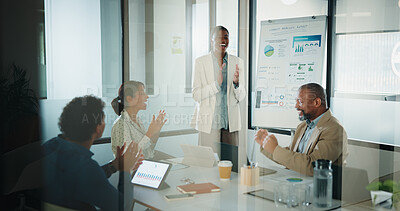 Buy stock photo Woman, applause and business success in meeting with graphs, statistics and tech. Leader, happy and market analysis report with people in glass office, celebration and teamwork with stats for win