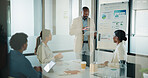 Man, tablet and business presentation with graphs for corporate growth, statistics and revenue. Leader, happy and market analysis report with people or team in glass office, tech and reading data