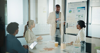 Buy stock photo Man, tablet and business presentation with graphs for corporate growth, statistics and revenue. Leader, happy and market analysis report with people or team in glass office, tech and reading data