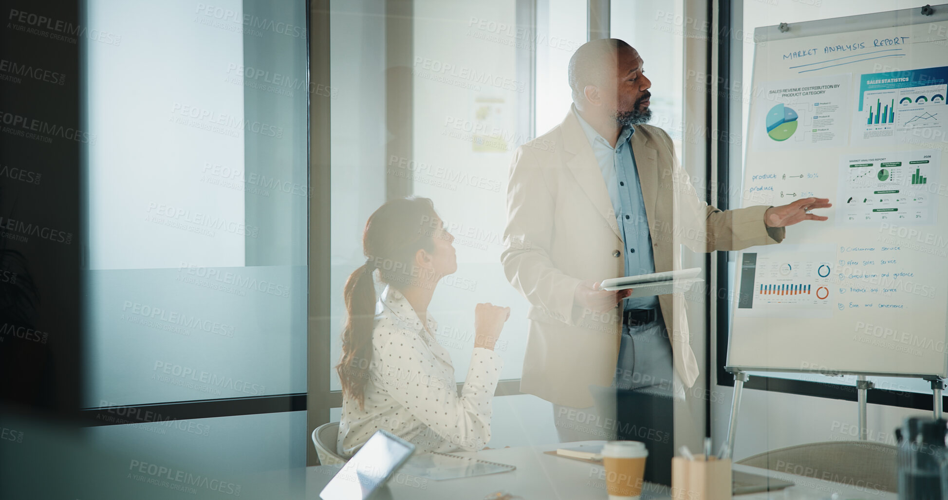 Buy stock photo Businessman, tablet and presentation with graphs for growth, statistics and online research. Leader, reading and market analysis report with people or team in glass office, tech and whiteboard