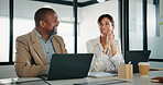 Laptop, laughing and meeting with finance people in office together for discussion or feedback. Collaboration, computer and talking with funny employee team in financial workplace for risk management