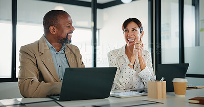 Buy stock photo Laptop, laughing and meeting with finance people in office together for discussion or feedback. Collaboration, computer and talking with funny employee team in financial workplace for risk management