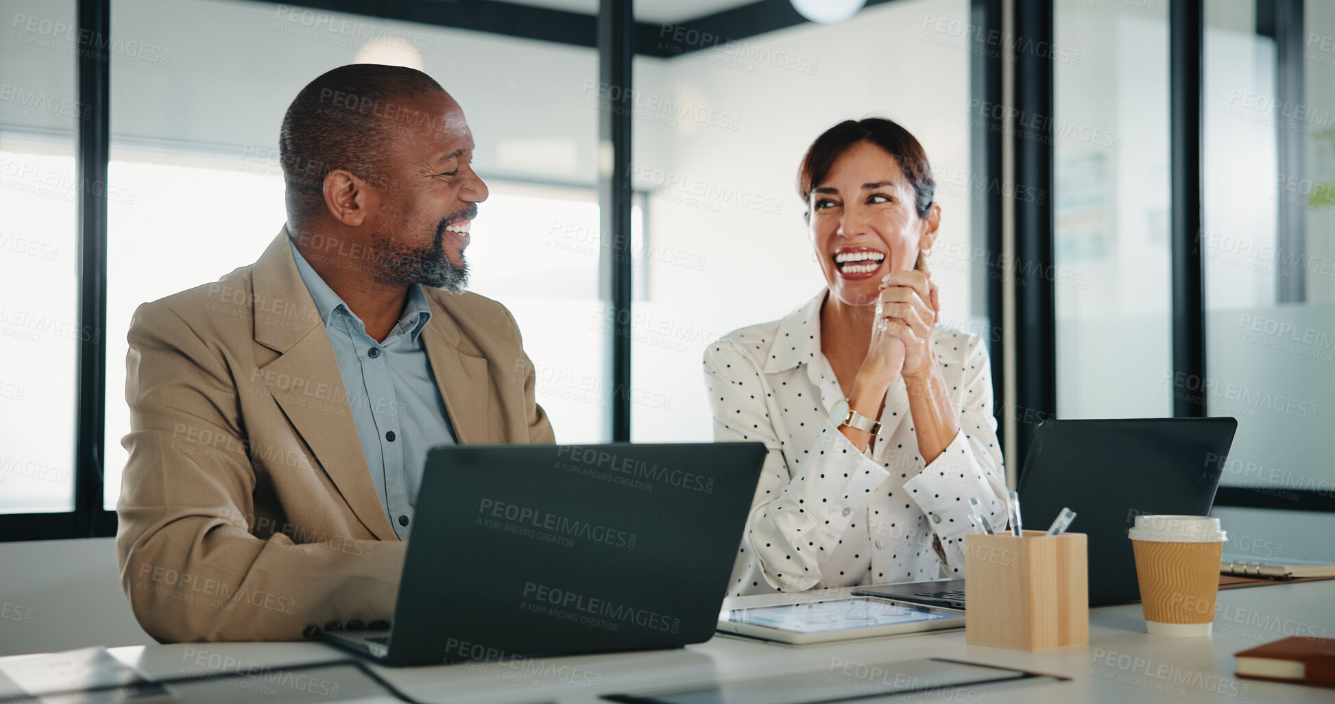 Buy stock photo Laptop, laughing and meeting with finance people in office together for discussion or feedback. Collaboration, computer and talking with funny employee team in financial workplace for risk management