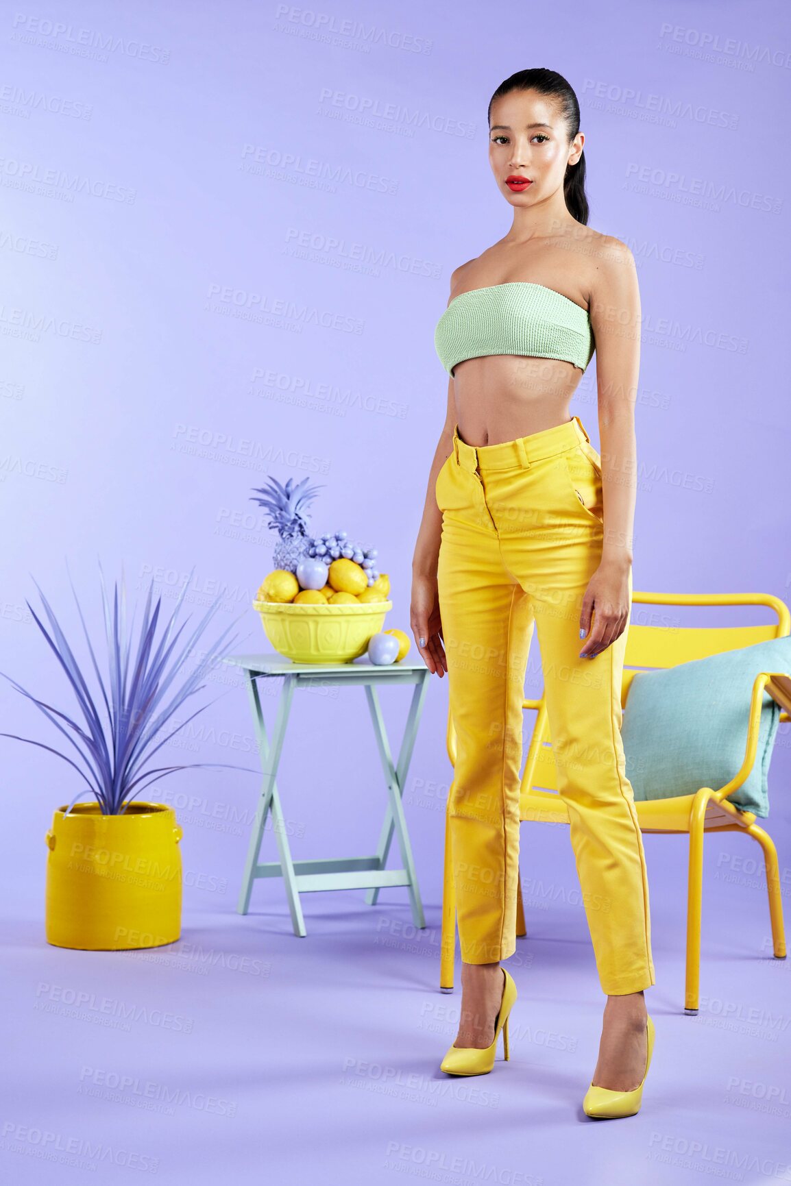 Buy stock photo Woman, fashion and portrait with color in studio for trendy style, art and edgy or cool attitude. Purple background, bright and creative trend or makeup cosmetics for high end and vibrant outfit