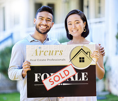 Buy stock photo House, sold and Asian couple with sign for portrait, property investment and real estate opportunity. Home, sale notice and happy man with woman for ownership, loan approval or outdoor for relocation