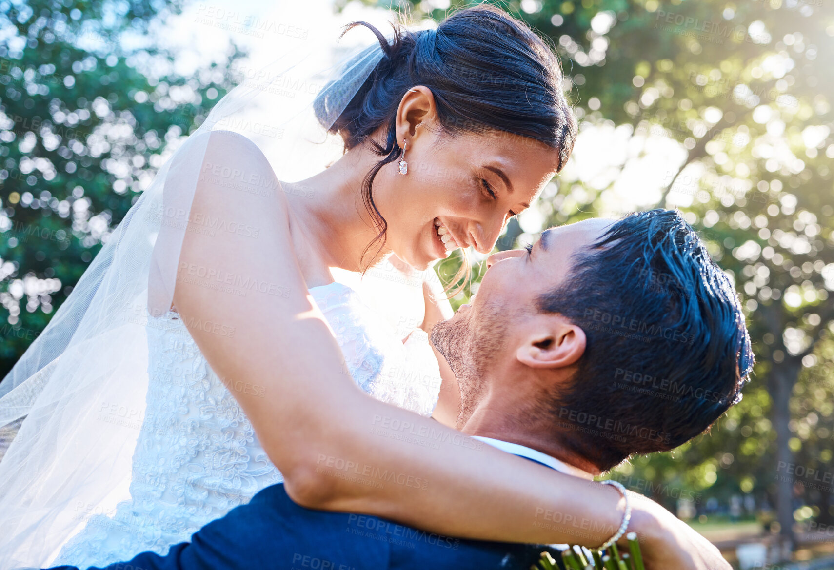 Buy stock photo Outdoor, lift and couple with smile for wedding, marriage celebration and love for devotion promise. Nature, romance and people with happiness for commitment event, connection and trust for support