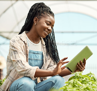 Buy stock photo Review, smile or black woman in greenhouse with tablet, online checklist or soil monitor in crop assessment. Scroll, digital or farmer with tech, planting schedule or produce track in quality control