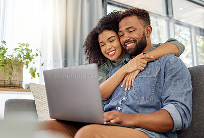 Buy stock photo Hug, laptop and couple on sofa in home for internet, connection and online browsing. Happiness, relaxed and african people with computer for website, bonding and subscription service on weekend