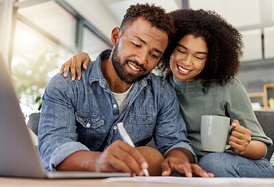 Buy stock photo Paperwork, writing and happy couple on sofa in home for budget, taxes or signature for loan. Happiness, support and man with woman together for investment, contract or insurance with coffee and love