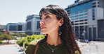 Real estate, thinking and woman in city, travel and commute with urban development. Outdoor, mature person and realtor in street, building expansion and solution with property investment and ideas