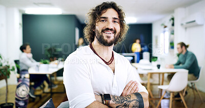 Buy stock photo Portrait, smile or man with arms crossed in creative agency, film industry job or screenplay author. Story opportunity, happy or writer with ambition for plot development, pride or media startup