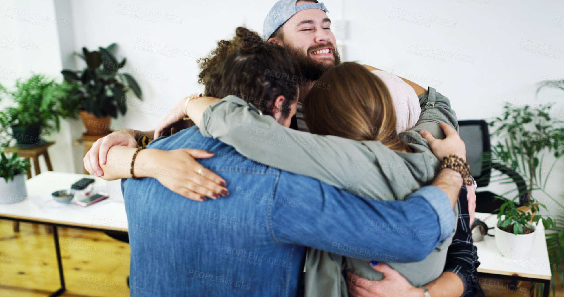 Buy stock photo Smile, team or staff with hug in creative agency, marketing campaign success or celebrate together. Embrace, winning or happy people with partnership for achievement, support or brand awareness goal