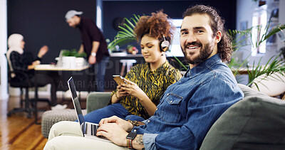 Buy stock photo Digital marketing, portrait or man in office with laptop, web monitor or trend review for pitch. Coworking, media or branding director with tech, platform management or research for campaign proposal