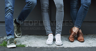 Buy stock photo Legs, sidewalk and team with designer people outdoor together for break, connection or friendship. Collaboration, creative group and feet of design employees in city for small business development