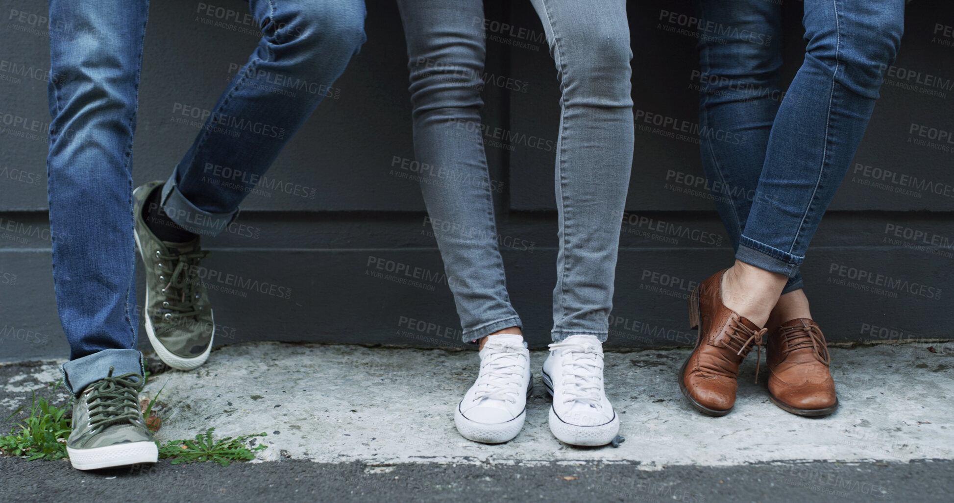 Buy stock photo Legs, sidewalk and team with designer people outdoor together for break, connection or friendship. Collaboration, creative group and feet of design employees in city for small business development