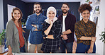Happy people, portrait or team of creative designers with pride in office for small business startup. Group, employees or colleagues with smile for about us, development or design agency in workplace