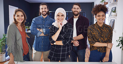 Buy stock photo Happy people, portrait or team of creative designers with pride in office for small business startup. Group, employees or colleagues with smile for about us, development or design agency in workplace