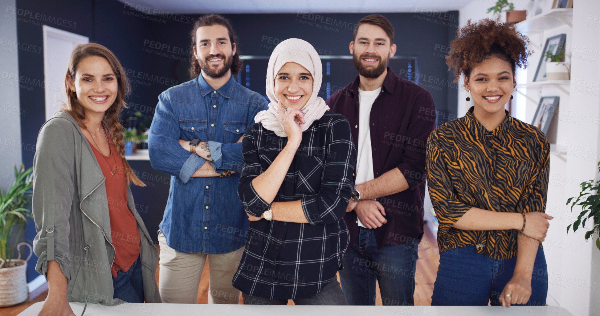 Buy stock photo Happy people, portrait or team of creative designers with pride in office for small business startup. Group, employees or colleagues with smile for about us, development or design agency in workplace