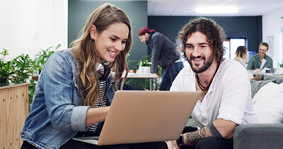 Buy stock photo Feedback, meeting and people with laptop in creative agency, homepage planning and domain update. Site optimization, review and happy team with idea for web page navigation, pc and typography tips