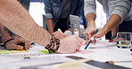 Business people, hands or pointing with mindmap for project brainstorming or ideas in office. Group, colleagues or creative employees writing with team or documents for design strategy in workplace