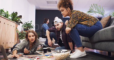 Buy stock photo Creative, people and team planning with laptop for business project, graphic design or ideas. Group, editor or designers with computer for magazine layout, strategy or article production in office