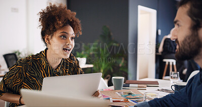 Buy stock photo Planning, meeting and woman with laptop in creative agency, homepage discussion and domain update. Site optimization, talking or designer team with idea for web page navigation, pc or typography tips