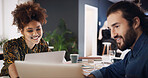 Reading, meeting and woman with laptop in creative agency, homepage planning and site optimization. Domain update, smile and designer team with review of web page navigation, pc and typography idea
